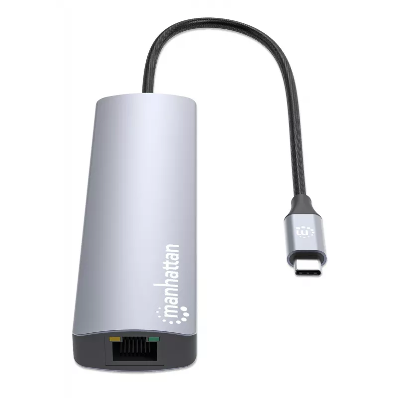 Manhattan USB-C dokas / stotelė, prievadai (x6): Ethernet, HDMI, USB-A (x3) ir USB-C, su Power Delivery (PD) 100 W – reikalingas išorinis USB-C įkroviklis (nepridedamas). Maitinamas per USB (nereikia išorinio maitinimo šaltinio), kai PD nenaudojamas