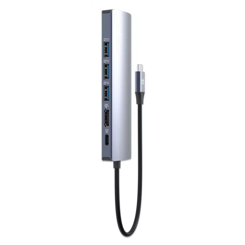 Manhattan USB-C dokas / stotelė, prievadai (x6): Ethernet, HDMI, USB-A (x3) ir USB-C, su Power Delivery (PD) 100 W – reikalingas išorinis USB-C įkroviklis (nepridedamas). Maitinamas per USB (nereikia išorinio maitinimo šaltinio), kai PD nenaudojamas