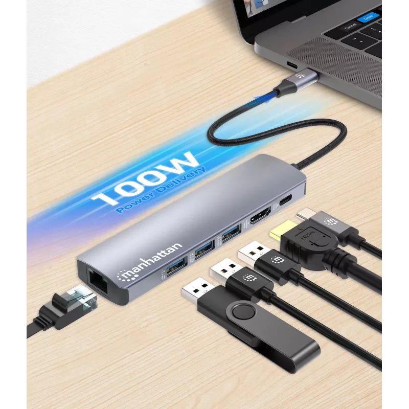 Manhattan USB-C dokas / stotelė, prievadai (x6): Ethernet, HDMI, USB-A (x3) ir USB-C, su Power Delivery (PD) 100 W – reikalingas išorinis USB-C įkroviklis (nepridedamas). Maitinamas per USB (nereikia išorinio maitinimo šaltinio), kai PD nenaudojamas