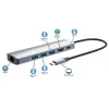 Manhattan USB-C dokas / stotelė, prievadai (x6): Ethernet, HDMI, USB-A (x3) ir USB-C, su Power Delivery (PD) 100 W – reikalingas išorinis USB-C įkroviklis (nepridedamas). Maitinamas per USB (nereikia išorinio maitinimo šaltinio), kai PD nenaudojamas