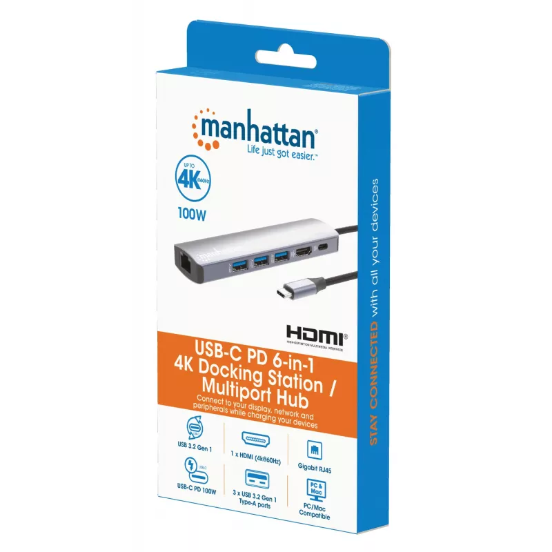 Manhattan USB-C dokas / stotelė, prievadai (x6): Ethernet, HDMI, USB-A (x3) ir USB-C, su Power Delivery (PD) 100 W – reikalingas išorinis USB-C įkroviklis (nepridedamas). Maitinamas per USB (nereikia išorinio maitinimo šaltinio), kai PD nenaudojamas
