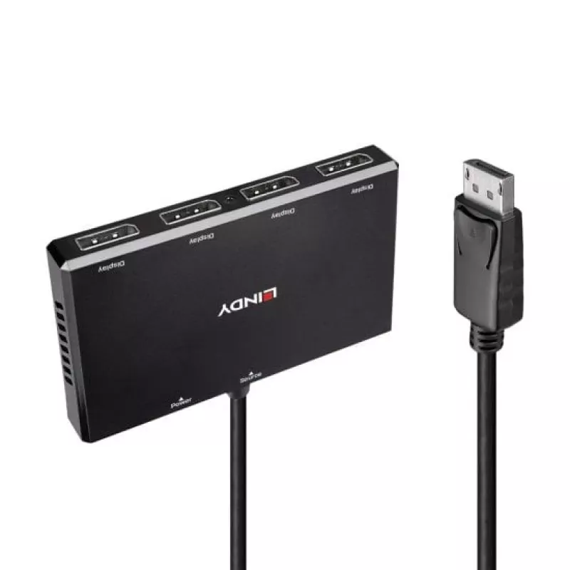 Lindy 4 prievadų DisplayPort 1.2 MST šakotuvas, DisplayPort, DisplayPort, 1920 x 1080 (HD 1080), 3840 x 2160, Juoda, Akrilnitrilo butadieno stirenas (ABS), CE, UKCA, FCC, RoHS ir REACH