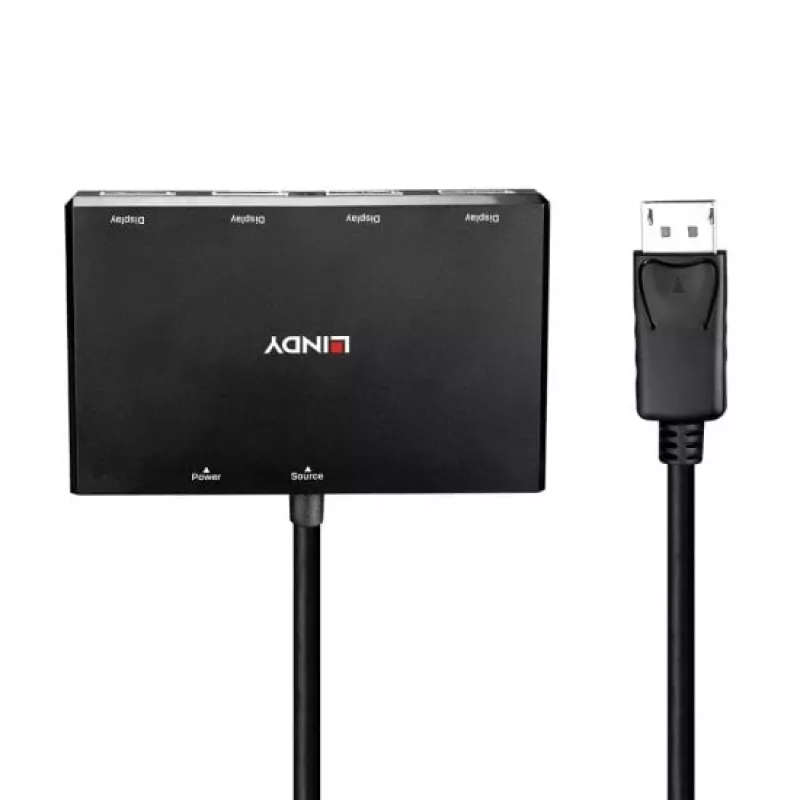 Lindy 4 prievadų DisplayPort 1.2 MST šakotuvas, DisplayPort, DisplayPort, 1920 x 1080 (HD 1080), 3840 x 2160, Juoda, Akrilnitrilo butadieno stirenas (ABS), CE, UKCA, FCC, RoHS ir REACH