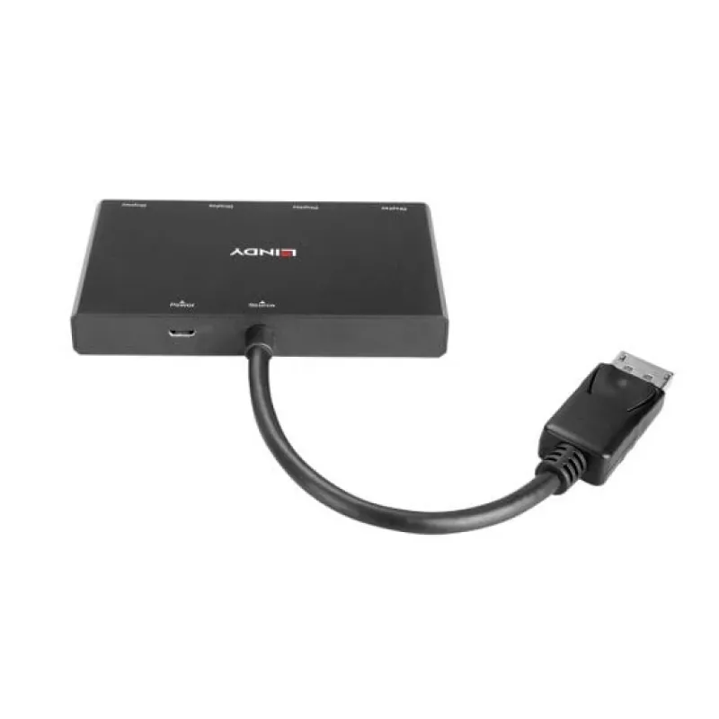 Lindy 4 prievadų DisplayPort 1.2 MST šakotuvas, DisplayPort, DisplayPort, 1920 x 1080 (HD 1080), 3840 x 2160, Juoda, Akrilnitrilo butadieno stirenas (ABS), CE, UKCA, FCC, RoHS ir REACH