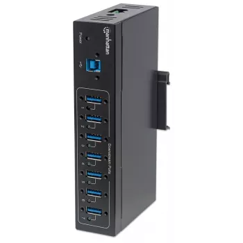 Manhattan USB-A 7 prievadų pramoninis šakotuvas, 7x USB-A prievadai, 5 Gbps (USB 3.2 Gen1, dar vadinamas USB 3.0), 20 kV ESD apsauga, kintamosios srovės, magistralės ir gnybtų bloko maitinimo parinktys, DIN bėgelis, tvirtinamas prie sienos, metalinis korpusas, varžtų užrakto saugumas