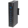 Manhattan USB-A 7 prievadų pramoninis šakotuvas, 7x USB-A prievadai, 5 Gbps (USB 3.2 Gen1, dar vadinamas USB 3.0), 20 kV ESD apsauga, kintamosios srovės, magistralės ir gnybtų bloko maitinimo parinktys, DIN bėgelis, tvirtinamas prie sienos, metalinis korpusas, varžtų užrakto saugumas