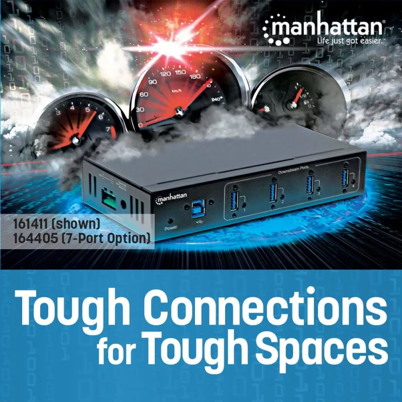 Manhattan USB-A 7 prievadų pramoninis šakotuvas, 7x USB-A prievadai, 5 Gbps (USB 3.2 Gen1, dar vadinamas USB 3.0), 20 kV ESD apsauga, kintamosios srovės, magistralės ir gnybtų bloko maitinimo parinktys, DIN bėgelis, tvirtinamas prie sienos, metalinis korpusas, varžtų užrakto saugumas
