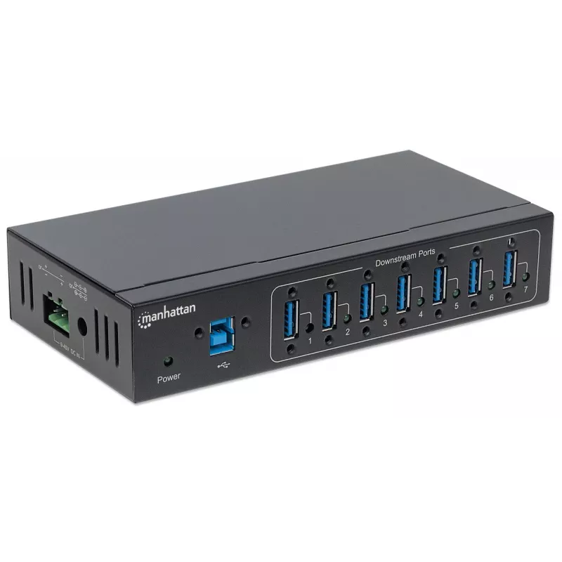 Manhattan USB-A 7 prievadų pramoninis šakotuvas, 7x USB-A prievadai, 5 Gbps (USB 3.2 Gen1, dar vadinamas USB 3.0), 20 kV ESD apsauga, kintamosios srovės, magistralės ir gnybtų bloko maitinimo parinktys, DIN bėgelis, tvirtinamas prie sienos, metalinis korpusas, varžtų užrakto saugumas