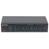 Manhattan USB-A 7 prievadų pramoninis šakotuvas, 7x USB-A prievadai, 5 Gbps (USB 3.2 Gen1, dar vadinamas USB 3.0), 20 kV ESD apsauga, kintamosios srovės, magistralės ir gnybtų bloko maitinimo parinktys, DIN bėgelis, tvirtinamas prie sienos, metalinis korpusas, varžtų užrakto saugumas