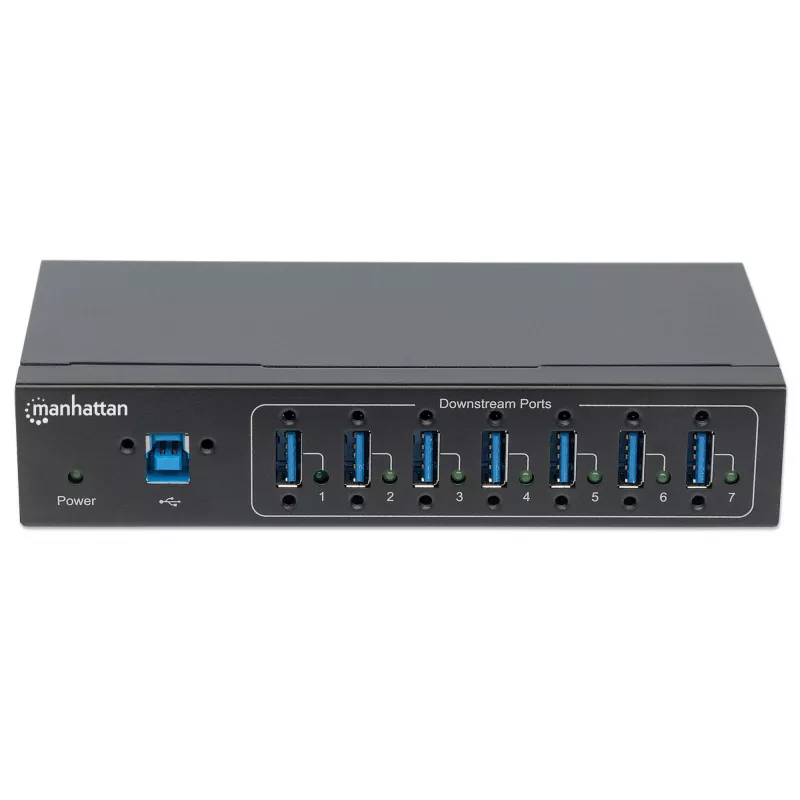 Manhattan USB-A 7 prievadų pramoninis šakotuvas, 7x USB-A prievadai, 5 Gbps (USB 3.2 Gen1, dar vadinamas USB 3.0), 20 kV ESD apsauga, kintamosios srovės, magistralės ir gnybtų bloko maitinimo parinktys, DIN bėgelis, tvirtinamas prie sienos, metalinis korpusas, varžtų užrakto saugumas