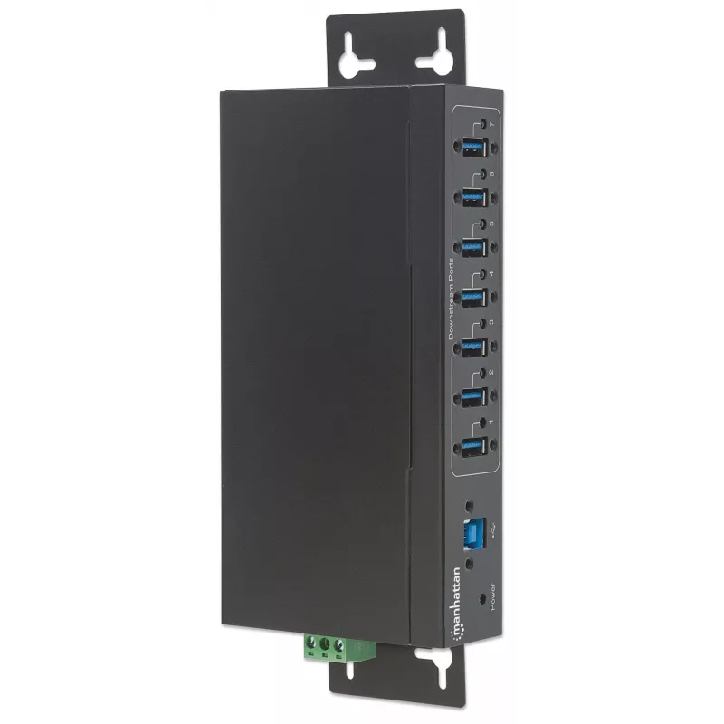 Manhattan USB-A 7 prievadų pramoninis šakotuvas, 7x USB-A prievadai, 5 Gbps (USB 3.2 Gen1, dar vadinamas USB 3.0), 20 kV ESD apsauga, kintamosios srovės, magistralės ir gnybtų bloko maitinimo parinktys, DIN bėgelis, tvirtinamas prie sienos, metalinis korpusas, varžtų užrakto saugumas