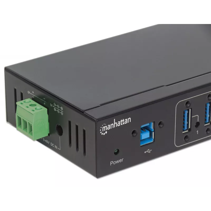 Manhattan USB-A 7 prievadų pramoninis šakotuvas, 7x USB-A prievadai, 5 Gbps (USB 3.2 Gen1, dar vadinamas USB 3.0), 20 kV ESD apsauga, kintamosios srovės, magistralės ir gnybtų bloko maitinimo parinktys, DIN bėgelis, tvirtinamas prie sienos, metalinis korpusas, varžtų užrakto saugumas