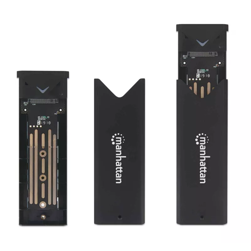 Manhattan M.2 NVMe SSD korpusas, USB-C patelė jungtis, 10 Gbps (USB 3.2 Gen2, dar žinomas kaip USB 3.1), palaiko UASP, SuperSpeed+ USB, aliuminis, juodas, trejų metų garantija