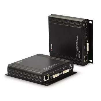 Lindy 140m Cat.6 DVI-D, USB, garso ir RS-232 KVM ilgintuvas, siųstuvas ir imtuvas, laidinis, 140 m, Cat6, 60 Hz, juodas
