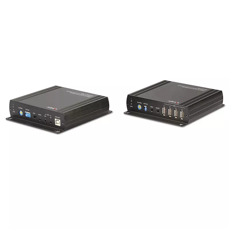 Lindy 140m Cat.6 DVI-D, USB, garso ir RS-232 KVM ilgintuvas, siųstuvas ir imtuvas, laidinis, 140 m, Cat6, 60 Hz, juodas