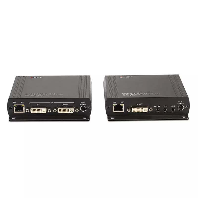Lindy 140m Cat.6 DVI-D, USB, garso ir RS-232 KVM ilgintuvas, siųstuvas ir imtuvas, laidinis, 140 m, Cat6, 60 Hz, juodas