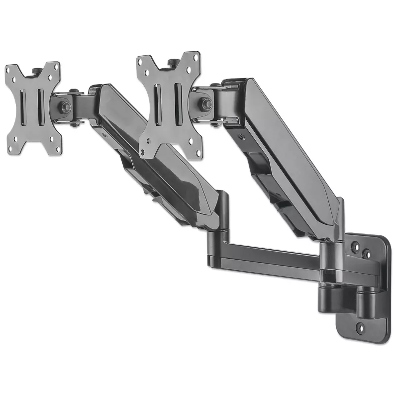 Manhattan Dual Wall Mount televizoriams ir monitoriams (viso judesio dujinė spyruoklė), Ekranams nuo 17 iki 32 colių, VESA suderinamumas: 75x75 mm ir 100x100 mm – patikrinkite keturių tvirtinimo angų matmenis ekrano gale, kad įsitikintumėte, jog tinka, Maks. 8 kg kiekvienam, Juoda, Laikiklis