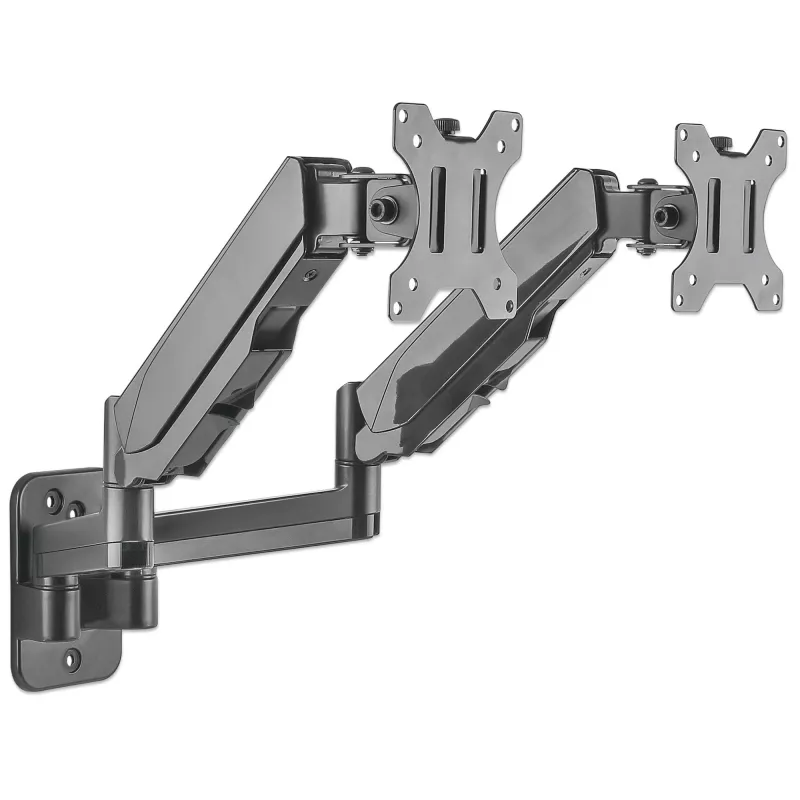 Manhattan Dual Wall Mount televizoriams ir monitoriams (viso judesio dujinė spyruoklė), Ekranams nuo 17 iki 32 colių, VESA suderinamumas: 75x75 mm ir 100x100 mm – patikrinkite keturių tvirtinimo angų matmenis ekrano gale, kad įsitikintumėte, jog tinka, Maks. 8 kg kiekvienam, Juoda, Laikiklis