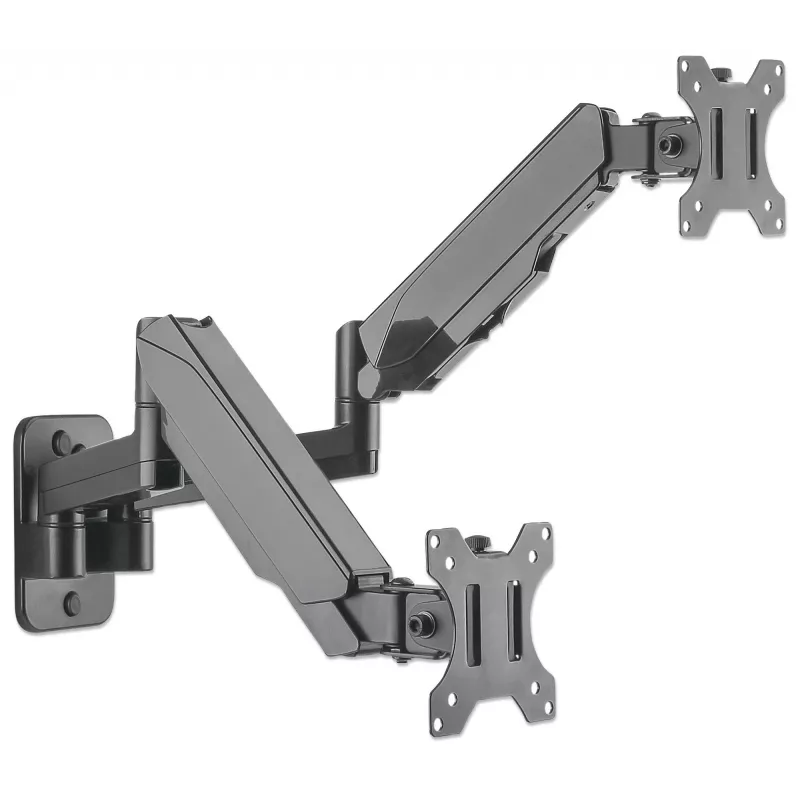Manhattan Dual Wall Mount televizoriams ir monitoriams (viso judesio dujinė spyruoklė), Ekranams nuo 17 iki 32 colių, VESA suderinamumas: 75x75 mm ir 100x100 mm – patikrinkite keturių tvirtinimo angų matmenis ekrano gale, kad įsitikintumėte, jog tinka, Maks. 8 kg kiekvienam, Juoda, Laikiklis