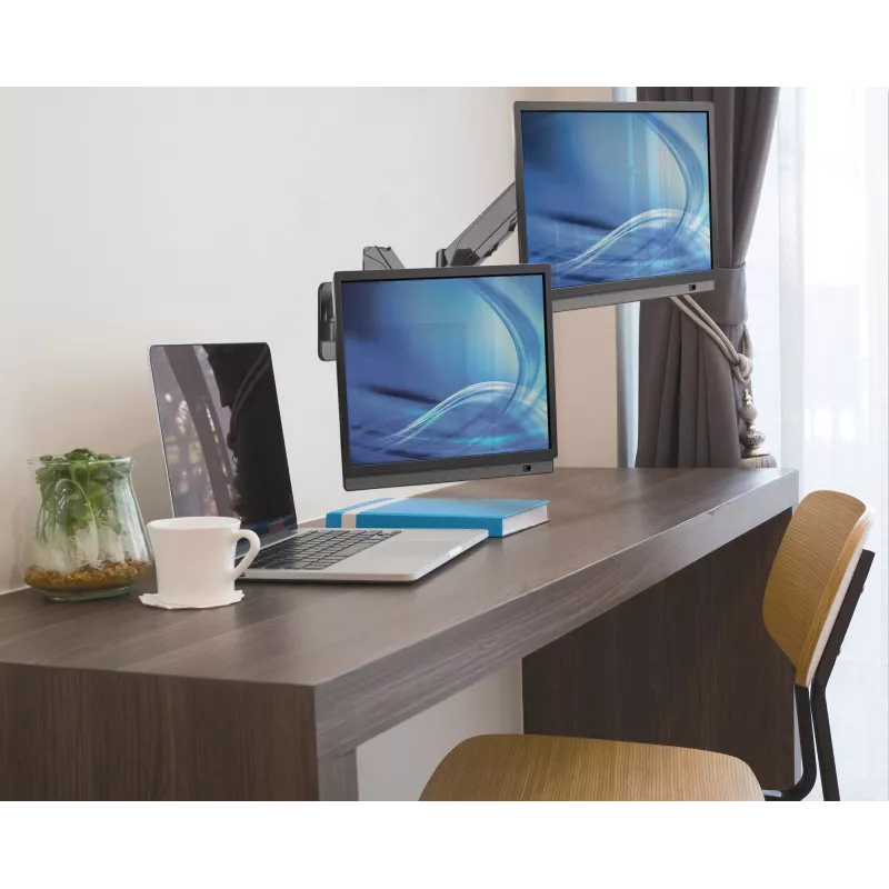 Manhattan Dual Wall Mount televizoriams ir monitoriams (viso judesio dujinė spyruoklė), Ekranams nuo 17 iki 32 colių, VESA suderinamumas: 75x75 mm ir 100x100 mm – patikrinkite keturių tvirtinimo angų matmenis ekrano gale, kad įsitikintumėte, jog tinka, Maks. 8 kg kiekvienam, Juoda, Laikiklis