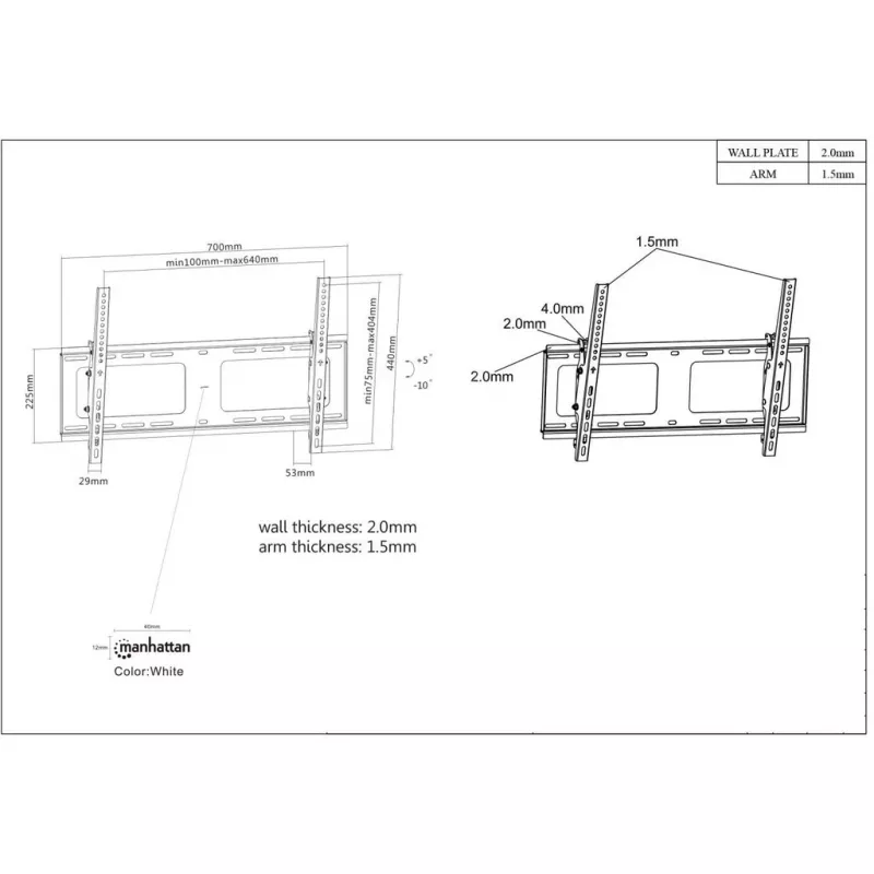 Manhattan sieninis laikiklis televizoriams ir monitoriams (su pakreipimu), ekranams nuo 37 colių iki 65 colių, VESA suderinamumas: visi tarp 200x200 mm ir 600x400 mm – patikrinkite keturių tvirtinimo angų matmenis ekrano gale, kad įsitikintumėte, jog tinka, maks. 80 kg, juodas, laikiklis