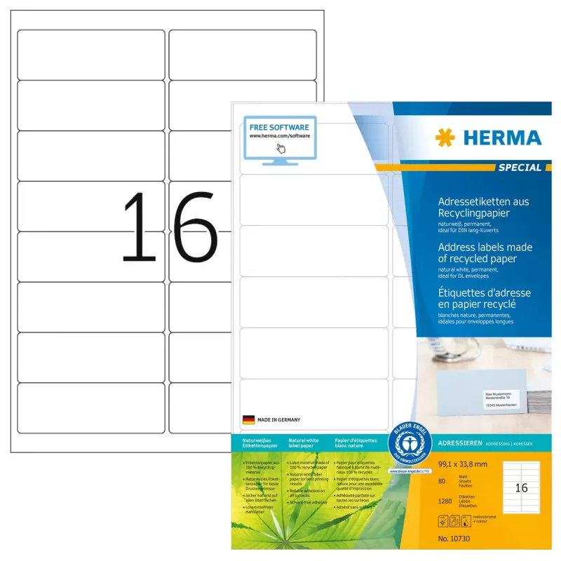 Lipnios spausdintuvo etiketės HERMA 10730 Baltos 9,91x3,38 cm 1280 etiketės