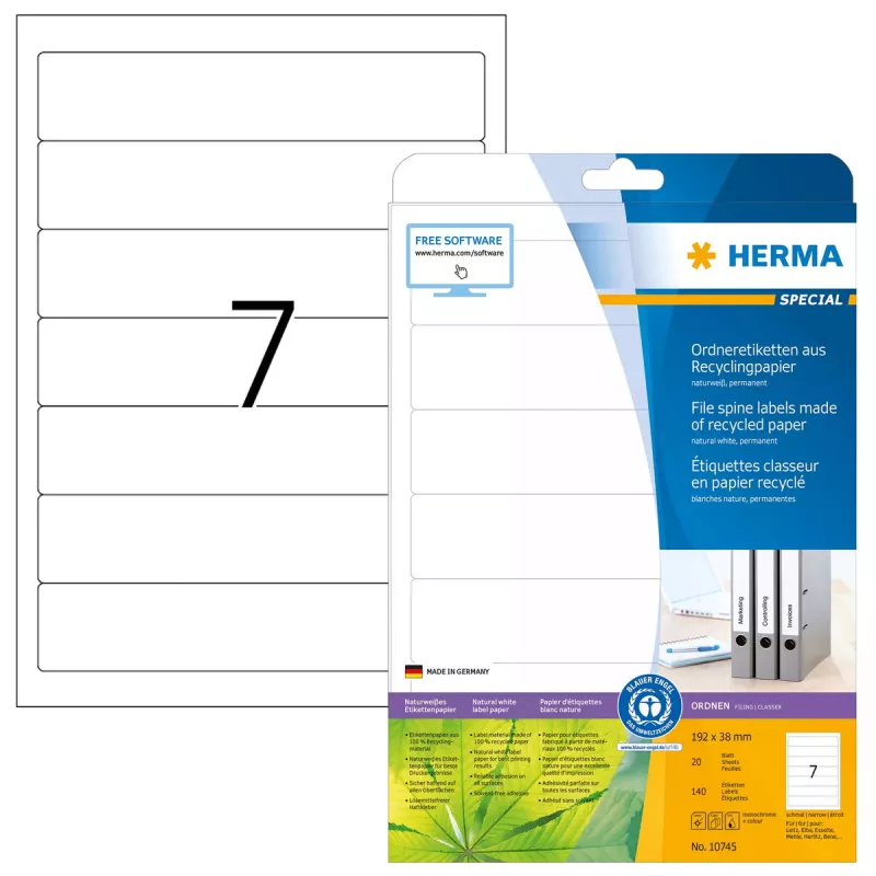 Lipnios spausdintuvo etiketės HERMA 10745 Baltos 19,2 x 3,8 cm 140 etikečių