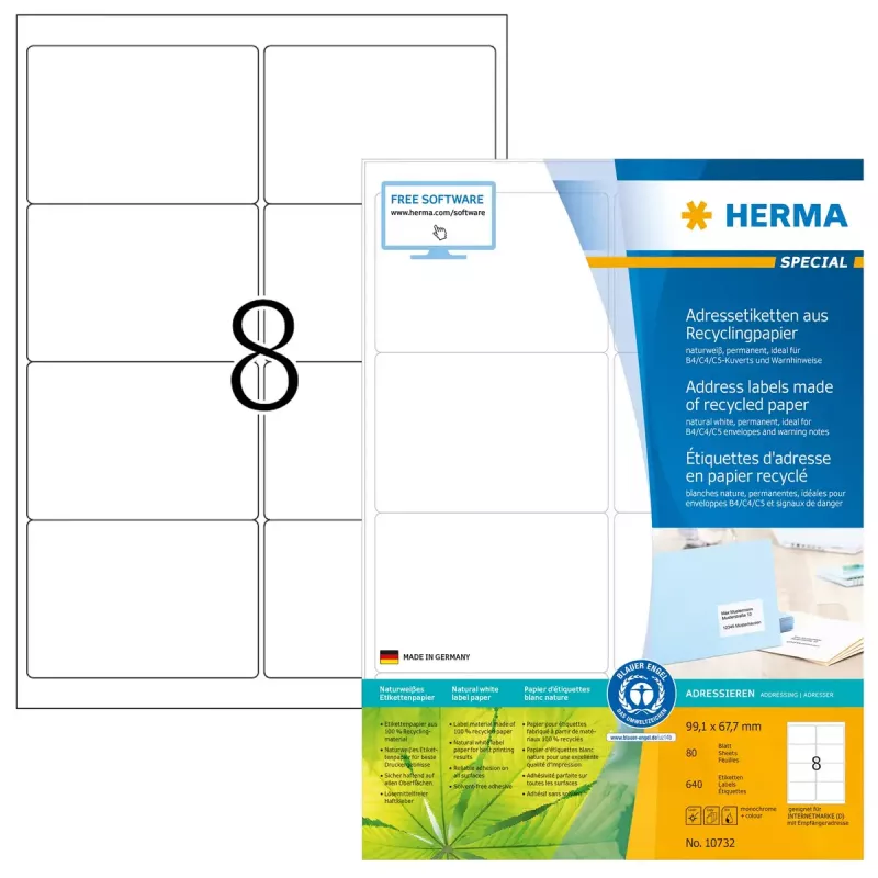 Lipnios spausdintuvo etiketės HERMA 10732 Baltos 9,91x6,77 cm 640 etikečių