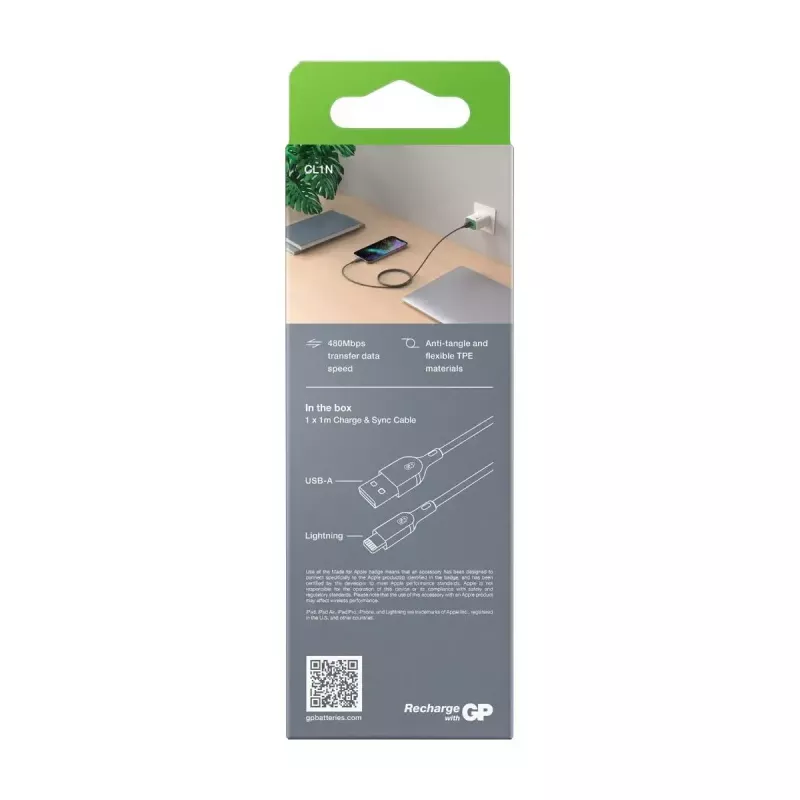 Laidas GP Batteries CL1N 1m Lightning į USB A 12W 2.4A