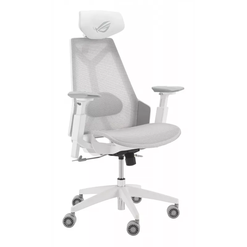 Kompiuterinė žaidimų kėdė Asus ROG Destrier Ergo Core White — tinklinė sėdynė, maks. apkrova 136 kg, plotis 720 mm, gylis 840 mm, aukštis 129–137,5 cm