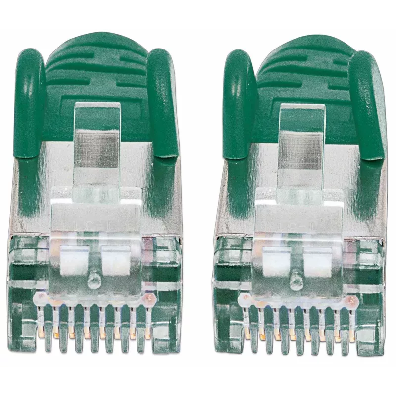 Intellinet tinklo komutacinis kabelis, Cat7 laidas / Cat6A kištukai, 10 m, žalias, varinis, S/FTP, LSOH / LSZH, PVC, RJ45, auksuoti kontaktai, neužsikabinantis, su apsauga, garantija visam naudojimo laikui
