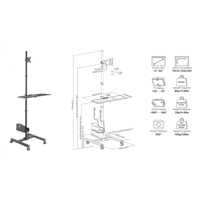 Multimedijos vežimėlis Equip 17–32 colių vieno monitoriaus mobili darbo stotis