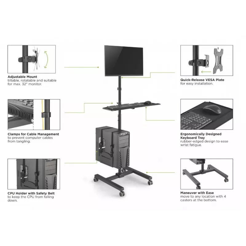 Multimedijos vežimėlis Equip 17–32 colių vieno monitoriaus mobili darbo stotis