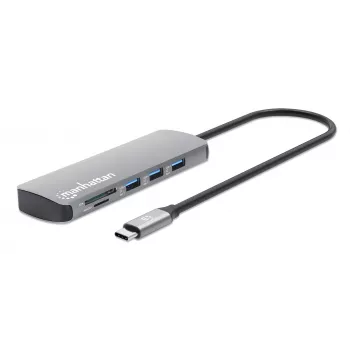 Manhattan USB-C dokas / šakotuvas su kortelių skaitytuvu, prievadai (x7): Ethernet, HDMI, USB-A (x3) ir USB-C (x2), su galios tiekimu (PD) 100 W – reikalingas išorinis USB-C įkroviklis (nepridedamas). Maitinamas per USB (nereikia išorinio maitinimo šaltinio), kai PD nenaudojamas.