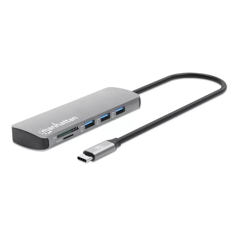 Manhattan USB-C dokas / šakotuvas su kortelių skaitytuvu, prievadai (x7): Ethernet, HDMI, USB-A (x3) ir USB-C (x2), su galios tiekimu (PD) 100 W – reikalingas išorinis USB-C įkroviklis (nepridedamas). Maitinamas per USB (nereikia išorinio maitinimo šaltinio), kai PD nenaudojamas.