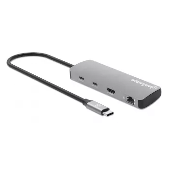 Manhattan USB-C dokas / šakotuvas su kortelių skaitytuvu, prievadai (x7): Ethernet, HDMI, USB-A (x3) ir USB-C (x2), su galios tiekimu (PD) 100 W – reikalingas išorinis USB-C įkroviklis (nepridedamas). Maitinamas per USB (nereikia išorinio maitinimo šaltinio), kai PD nenaudojamas.
