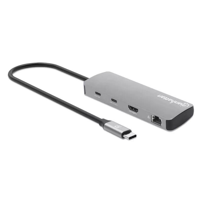 Manhattan USB-C dokas / šakotuvas su kortelių skaitytuvu, prievadai (x7): Ethernet, HDMI, USB-A (x3) ir USB-C (x2), su galios tiekimu (PD) 100 W – reikalingas išorinis USB-C įkroviklis (nepridedamas). Maitinamas per USB (nereikia išorinio maitinimo šaltinio), kai PD nenaudojamas.