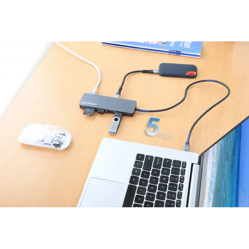Manhattan USB-C dokas / šakotuvas su kortelių skaitytuvu, prievadai (x7): Ethernet, HDMI, USB-A (x3) ir USB-C (x2), su galios tiekimu (PD) 100 W – reikalingas išorinis USB-C įkroviklis (nepridedamas). Maitinamas per USB (nereikia išorinio maitinimo šaltinio), kai PD nenaudojamas.