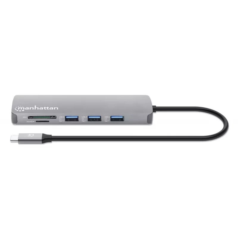 Manhattan USB-C dokas / šakotuvas su kortelių skaitytuvu, prievadai (x7): Ethernet, HDMI, USB-A (x3) ir USB-C (x2), su galios tiekimu (PD) 100 W – reikalingas išorinis USB-C įkroviklis (nepridedamas). Maitinamas per USB (nereikia išorinio maitinimo šaltinio), kai PD nenaudojamas.