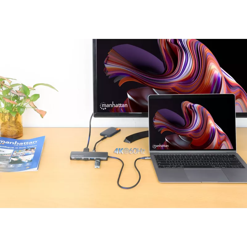 Manhattan USB-C dokas / šakotuvas su kortelių skaitytuvu, prievadai (x7): Ethernet, HDMI, USB-A (x3) ir USB-C (x2), su galios tiekimu (PD) 100 W – reikalingas išorinis USB-C įkroviklis (nepridedamas). Maitinamas per USB (nereikia išorinio maitinimo šaltinio), kai PD nenaudojamas.