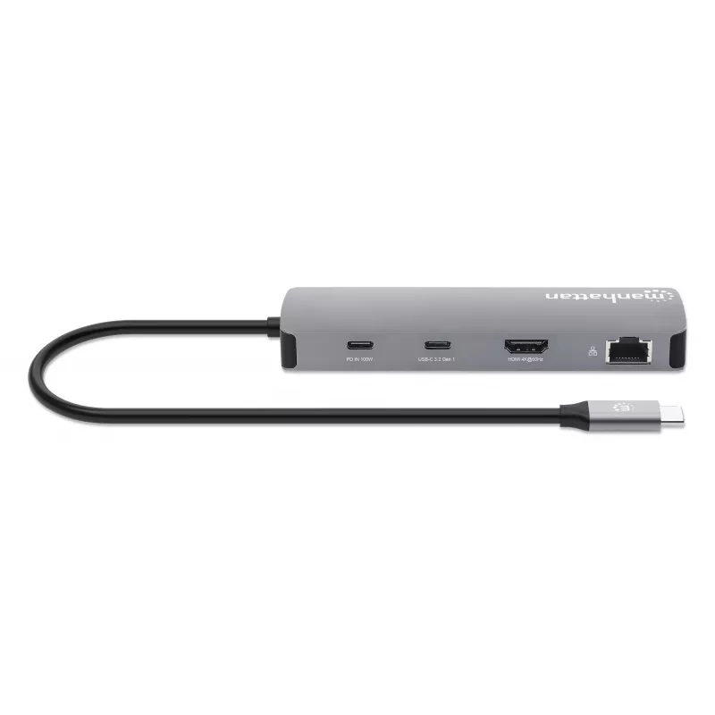 Manhattan USB-C dokas / šakotuvas su kortelių skaitytuvu, prievadai (x7): Ethernet, HDMI, USB-A (x3) ir USB-C (x2), su galios tiekimu (PD) 100 W – reikalingas išorinis USB-C įkroviklis (nepridedamas). Maitinamas per USB (nereikia išorinio maitinimo šaltinio), kai PD nenaudojamas.