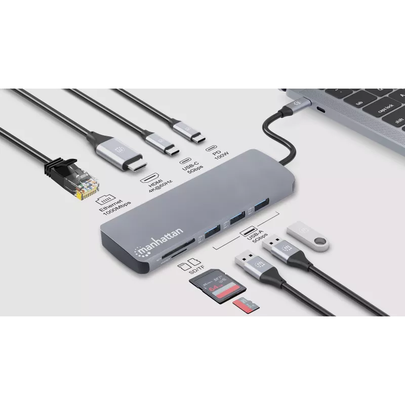 Manhattan USB-C dokas / šakotuvas su kortelių skaitytuvu, prievadai (x7): Ethernet, HDMI, USB-A (x3) ir USB-C (x2), su galios tiekimu (PD) 100 W – reikalingas išorinis USB-C įkroviklis (nepridedamas). Maitinamas per USB (nereikia išorinio maitinimo šaltinio), kai PD nenaudojamas.