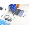 Manhattan USB-C dokas / šakotuvas su kortelių skaitytuvu, prievadai (x7): Ethernet, HDMI, USB-A (x3) ir USB-C (x2), su galios tiekimu (PD) 100 W – reikalingas išorinis USB-C įkroviklis (nepridedamas). Maitinamas per USB (nereikia išorinio maitinimo šaltinio), kai PD nenaudojamas.