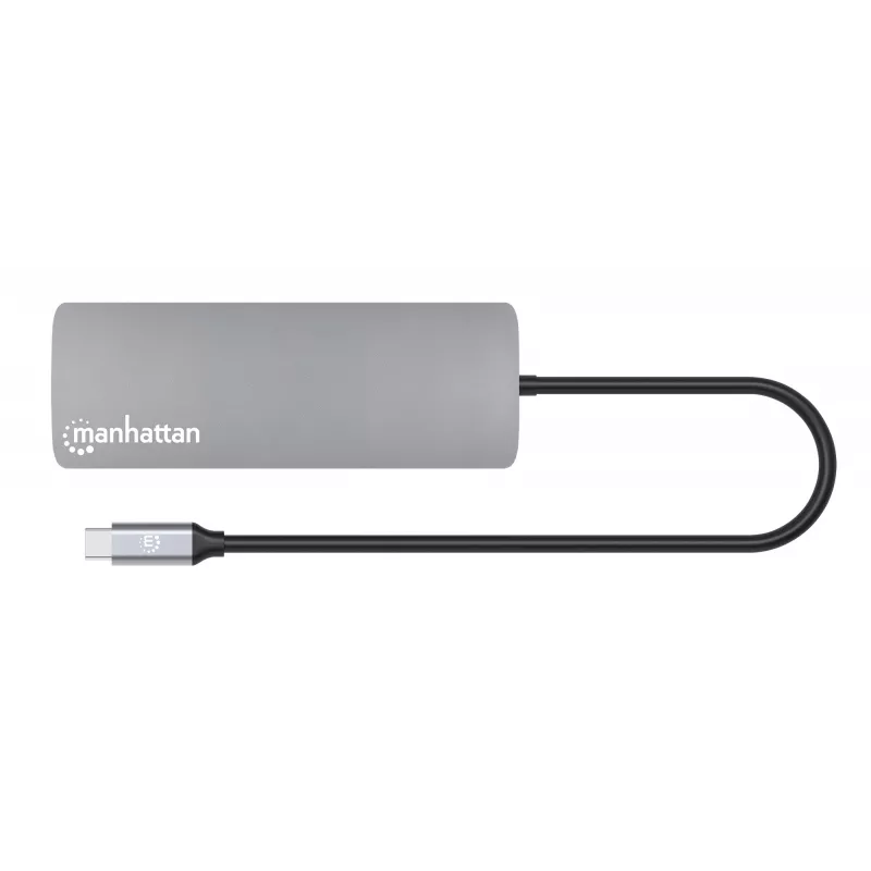 Manhattan USB-C dokas / šakotuvas su kortelių skaitytuvu, prievadai (x7): Ethernet, HDMI, USB-A (x3) ir USB-C (x2), su galios tiekimu (PD) 100 W – reikalingas išorinis USB-C įkroviklis (nepridedamas). Maitinamas per USB (nereikia išorinio maitinimo šaltinio), kai PD nenaudojamas.