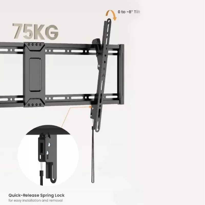 TV sieninio laikiklio kronšteinas EQUIP 43 col.–95 col. Tilt plonas 75 kg televizoriams, VESA 200x200–800x400, pakreipimas 0–8°, 4,2 cm atstumas, juodas