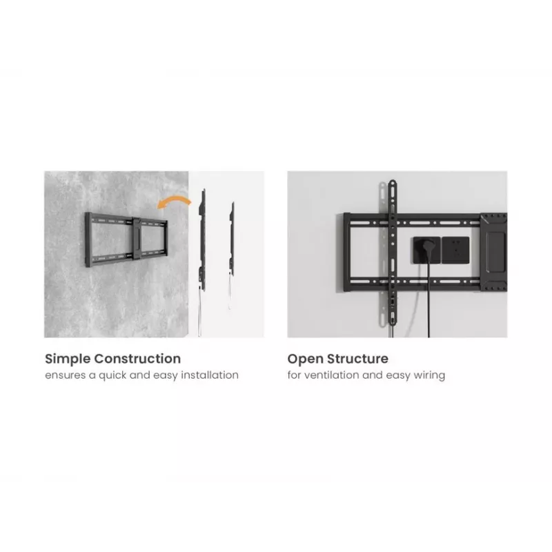 TV sieninio laikiklio kronšteinas EQUIP 43 col.–95 col. Tilt plonas 75 kg televizoriams, VESA 200x200–800x400, pakreipimas 0–8°, 4,2 cm atstumas, juodas