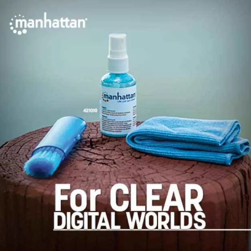 Manhattan LCD valymo rinkinys (mini), be alkoholio, sudėtyje yra valymo tirpalo (60 ml), šepetėlio ir mikropluošto šluostės, idealiai tinka monitoriams / nešiojamiesiems kompiuteriams / klaviatūroms ir kt., trejų metų garantija