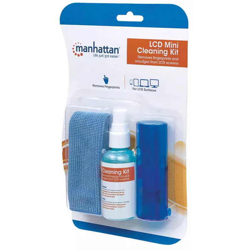 Manhattan LCD valymo rinkinys (mini), be alkoholio, sudėtyje yra valymo tirpalo (60 ml), šepetėlio ir mikropluošto šluostės, idealiai tinka monitoriams / nešiojamiesiems kompiuteriams / klaviatūroms ir kt., trejų metų garantija