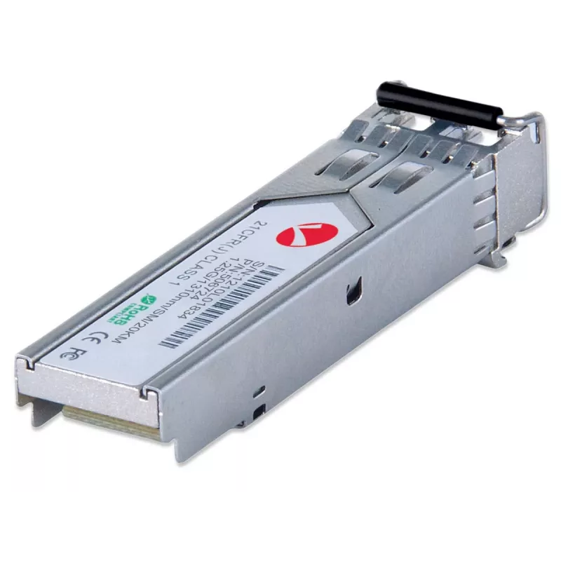 Intellinet optinis siųstuvo-imtuvo modulis, gigabitinio šviesolaidžio SFP Mini-GBIC, 1000Base-Lx (LC) vienmodis prievadas, 20 km, bangos ilgis 1310 nm, Ethernet, šviesolaidis, MSA atitinkantis, atitinka Cisco GLC-LH-SM, trejų metų garantija