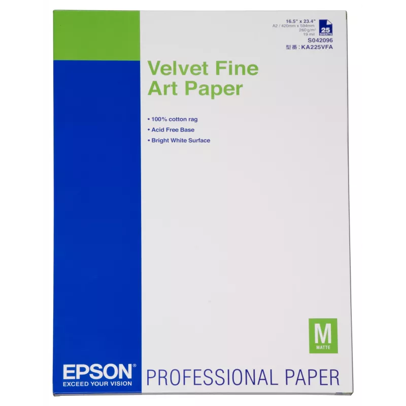 Epson Velvet Fine Art Paper, DIN A2, 260g/m², 25 lakštai, 42 cm, matinis, 480 µm, 260 g/m²
